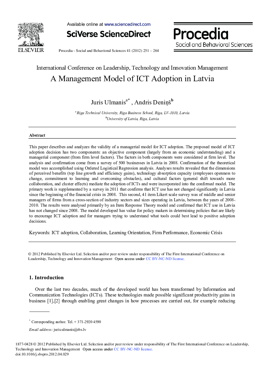 A Management Model of ICT Adoption in Latvia