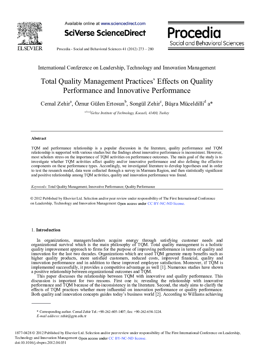 Total Quality Management Practices’ Effects on Quality Performance and Innovative Performance