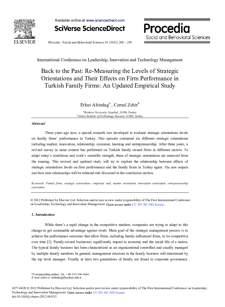 Back to the Past: Re-Measuring the Levels of Strategic Orientations and Their Effects on Firm Performance in Turkish Family Firms: An Updated Empirical Study