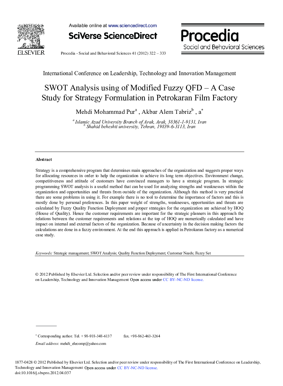 SWOT Analysis using of Modified Fuzzy QFD – A Case Study for Strategy Formulation in Petrokaran Film Factory