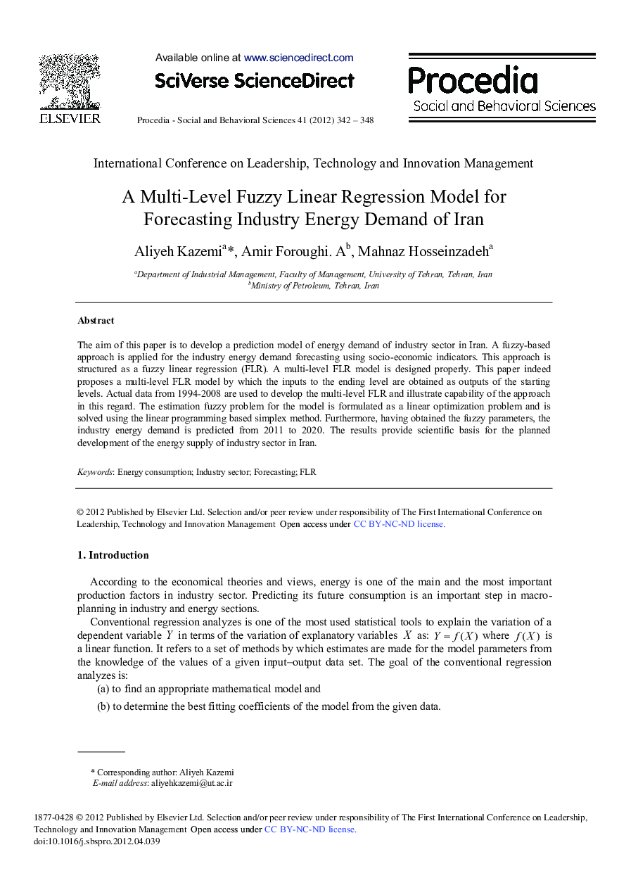A Multi-Level Fuzzy Linear Regression Model for Forecasting Industry Energy Demand of Iran