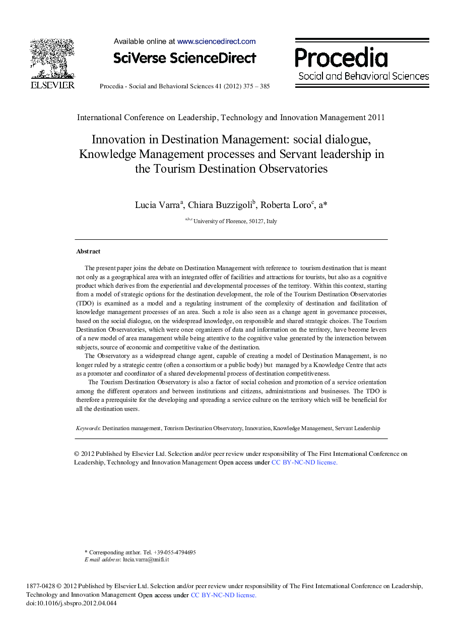 Innovation in Destination Management: social dialogue, Knowledge Management processes and Servant leadership in the Tourism Destination Observatories