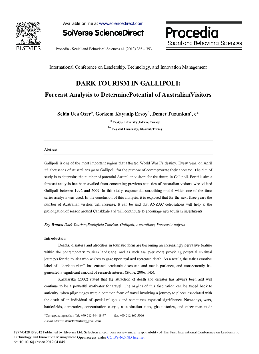 DARK TOURISM IN GALLIPOLI: Forecast Analysis to DeterminePotential of AustralianVisitors