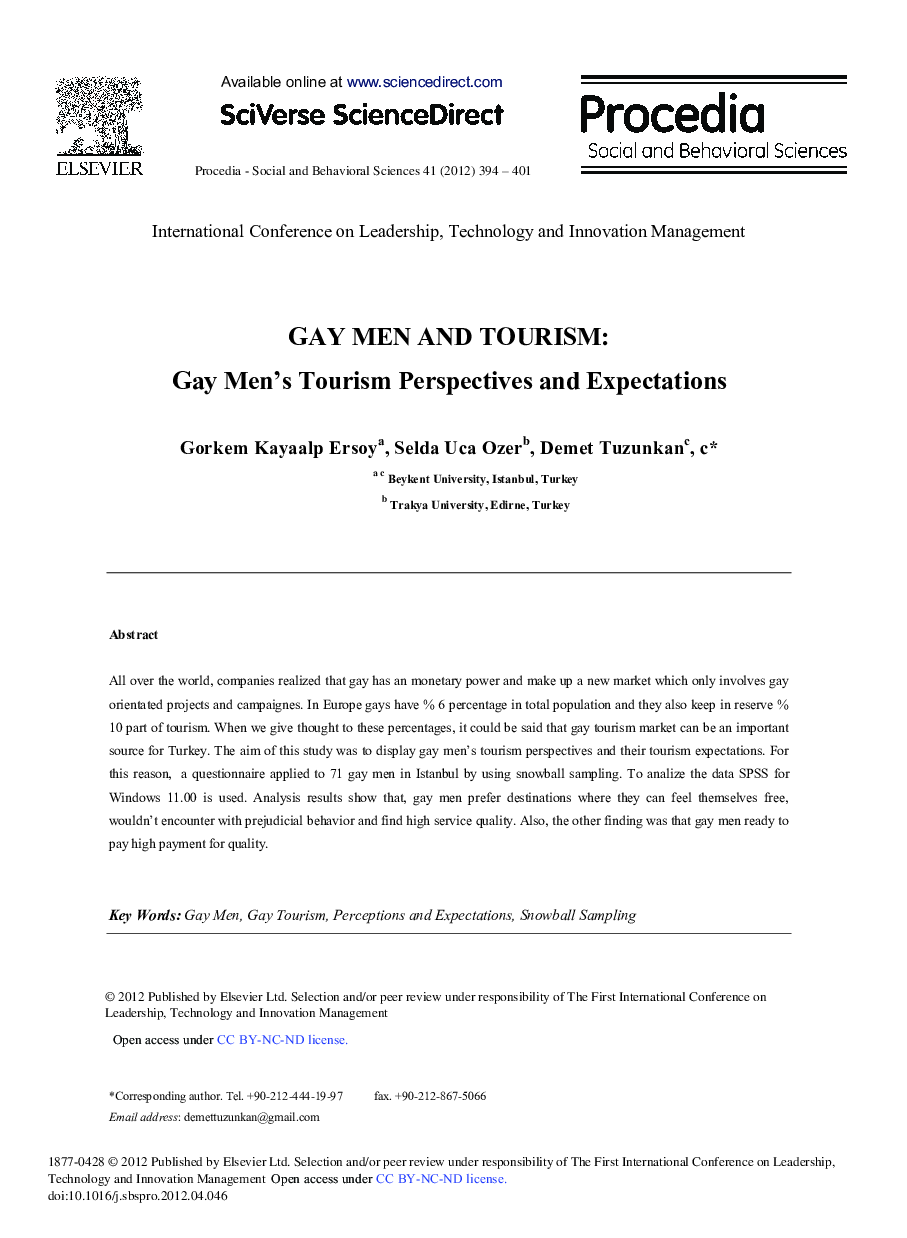 GAY MEN AND TOURISM: Gay Men's Tourism Perspectives and Expectations