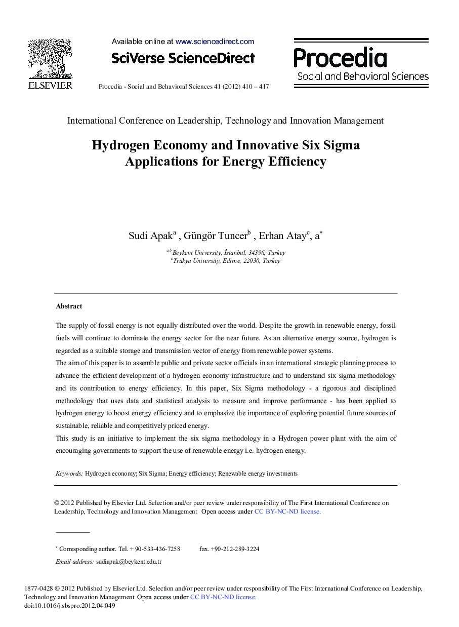 Hydrogen Economy and Innovative Six Sigma Applications for Energy Efficiency