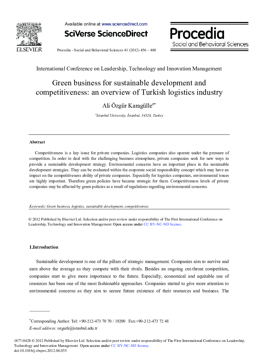 Green business for sustainable development and competitiveness: an overview of Turkish logistics industry