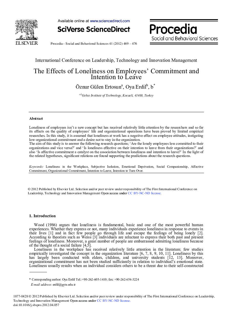 The Effects of Loneliness on Employees’ Commitment and Intention to Leave