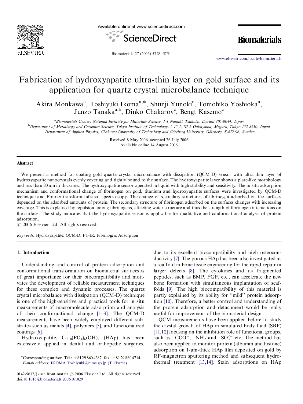 Fabrication of hydroxyapatite ultra-thin layer on gold surface and its application for quartz crystal microbalance technique