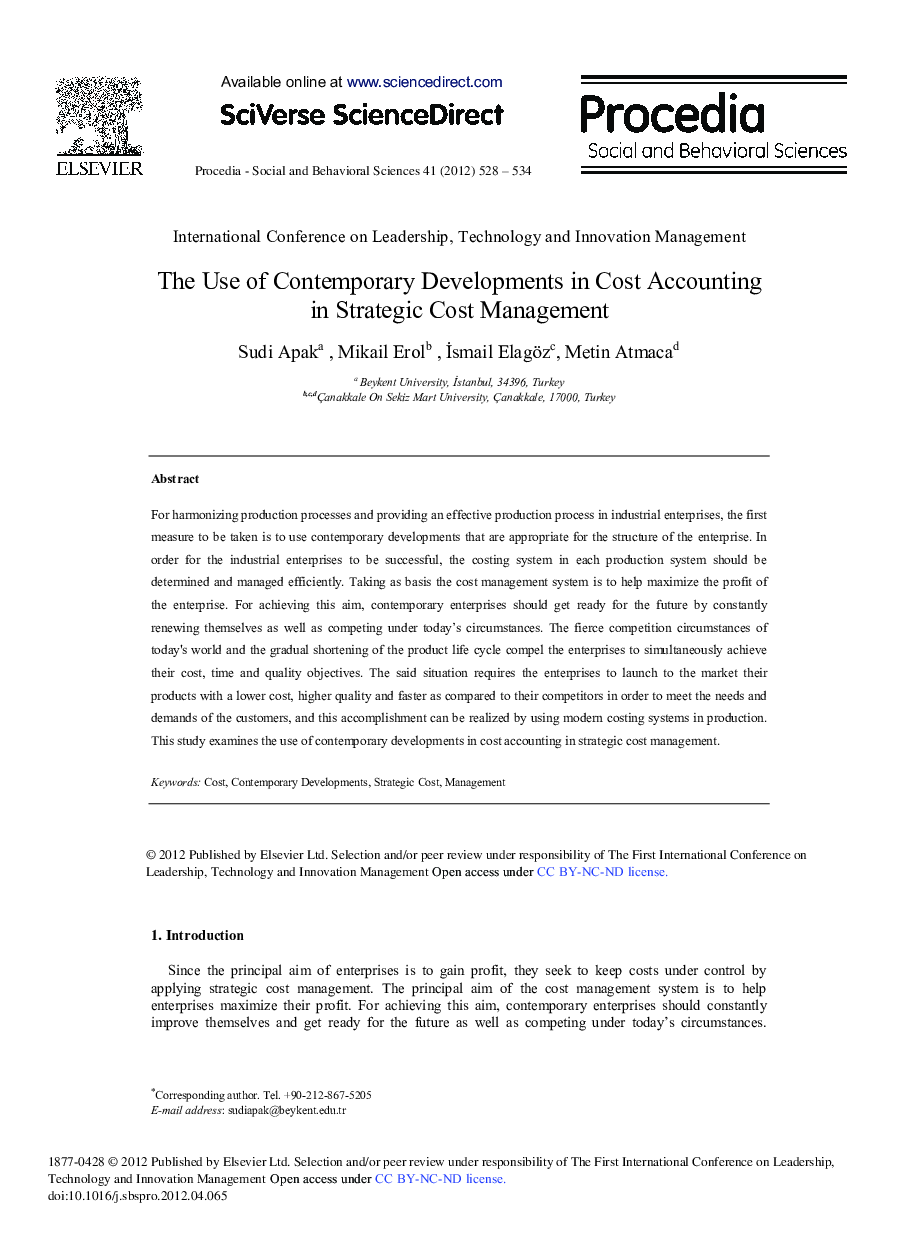 The Use of Contemporary Developments in Cost Accounting in Strategic Cost Management
