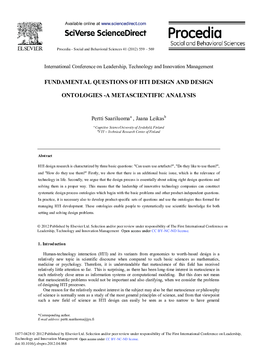 FUNDAMENTAL QUESTIONS OF HTI DESIGN AND DESIGN ONTOLOGIES -A METASCIENTIFIC ANALYSIS