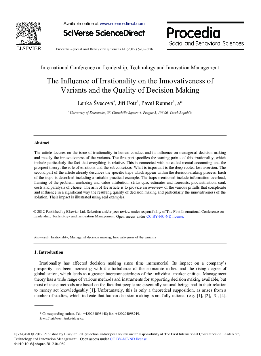 The Influence of Irrationality on the Innovativeness of Variants and the Quality of Decision Making