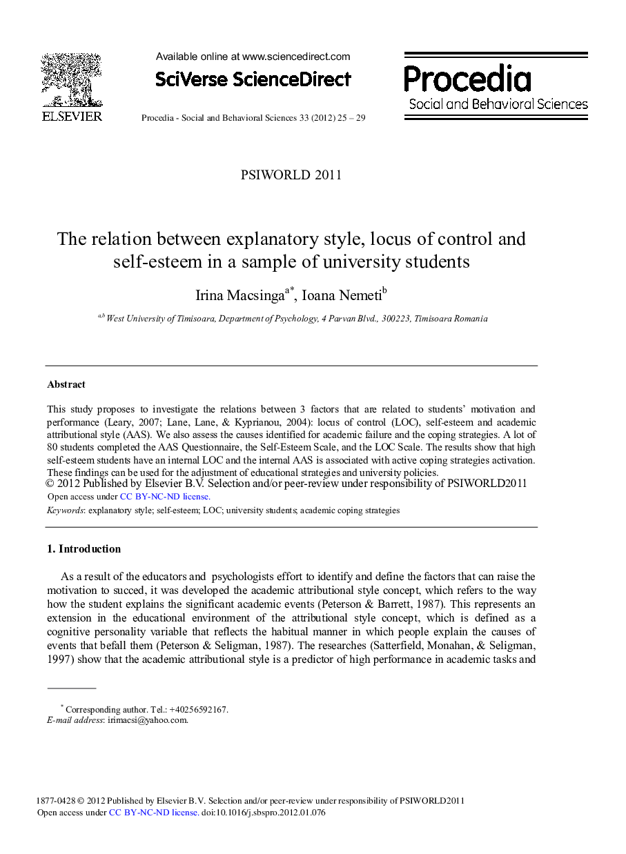 The relation between explanatory style, locus of control and self-esteem in a sample of university students