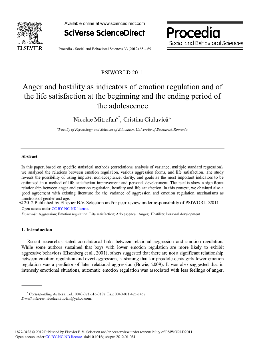 Anger and hostility as indicators of emotion regulation and of the life satisfaction at the beginning and the ending period of the adolescence