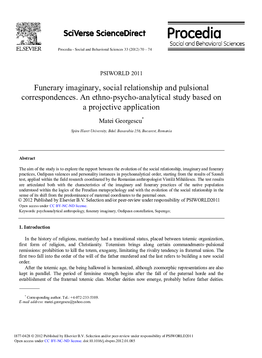 Funerary imaginary, social relationship and pulsional correspondences. An ethno-psycho-analytical study based on a projective application