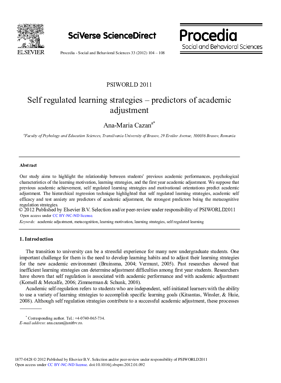 Self regulated learning strategies – predictors of academic adjustment