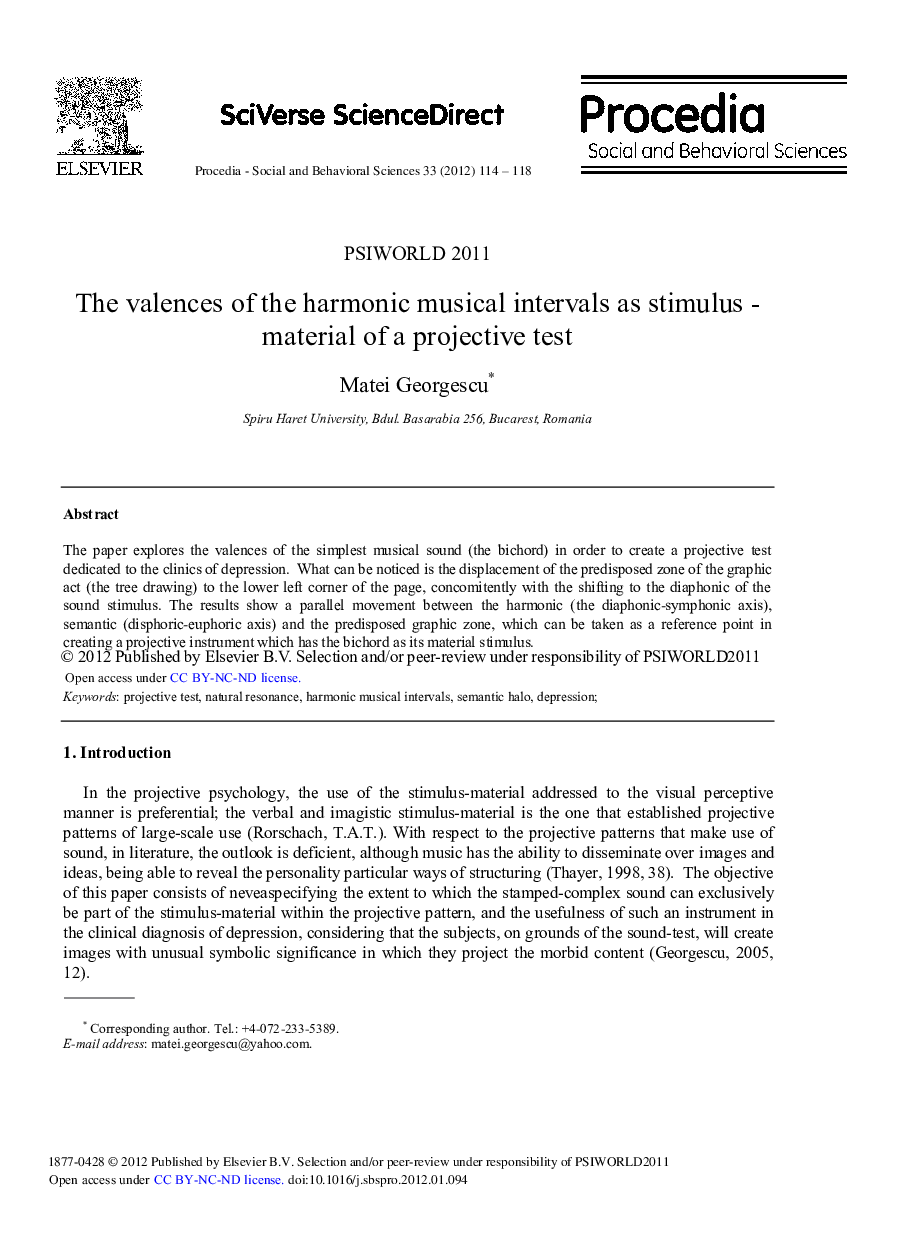 The valences of the harmonic musical intervals as stimulus - material of a projective test