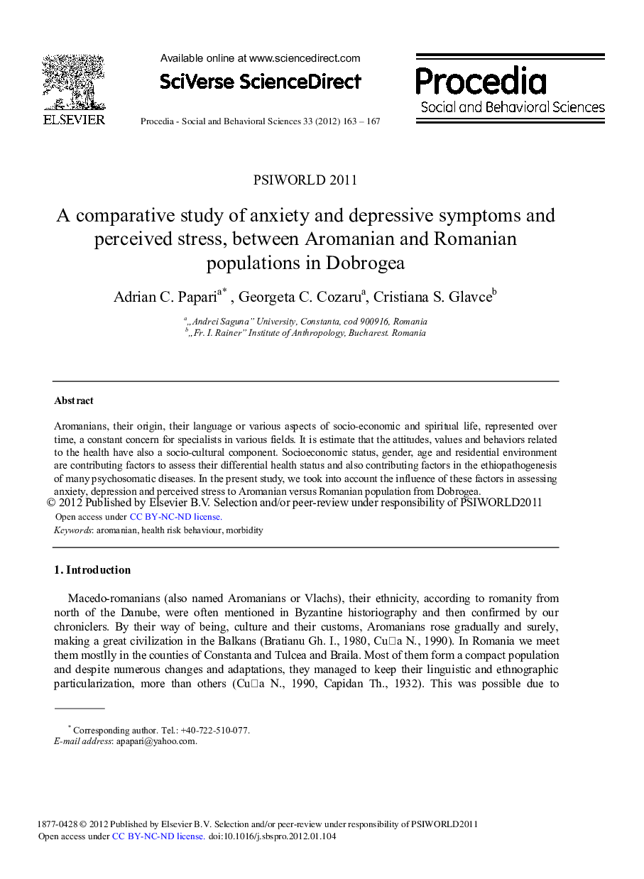 A comparative study of anxiety and depressive symptoms and perceived stress, between Aromanian and Romanian populations in Dobrogea