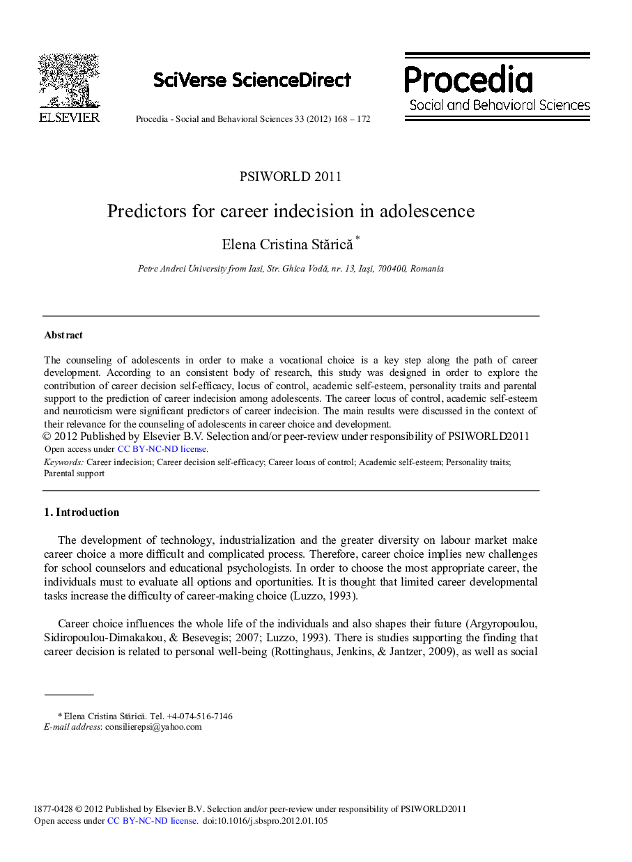 Predictors for career indecision in adolescence