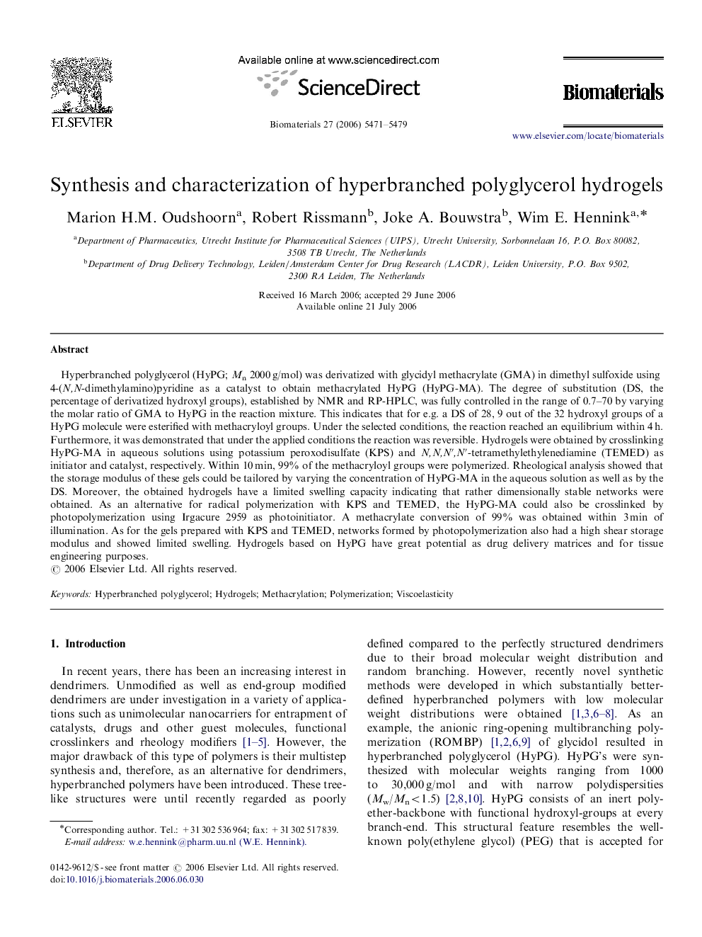 Synthesis and characterization of hyperbranched polyglycerol hydrogels