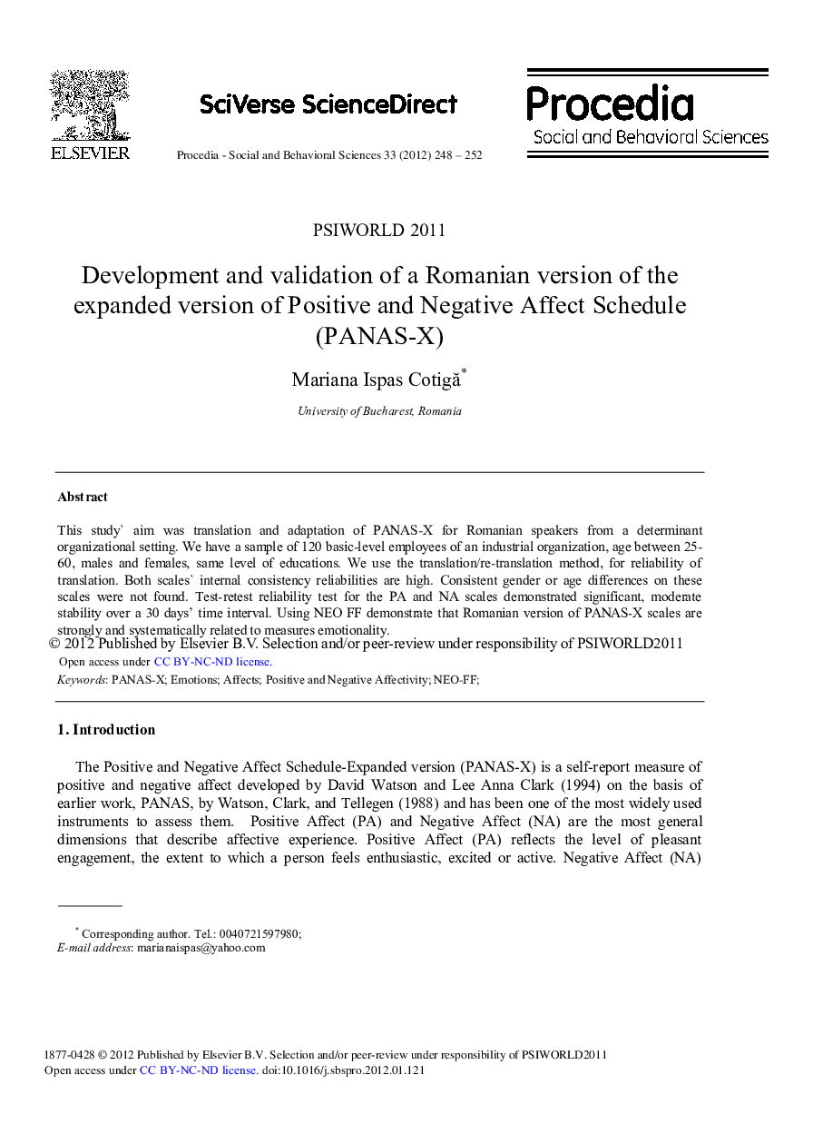 Development and validation of a Romanian version of the expanded version of Positive and Negative Affect Schedule (PANAS-X)