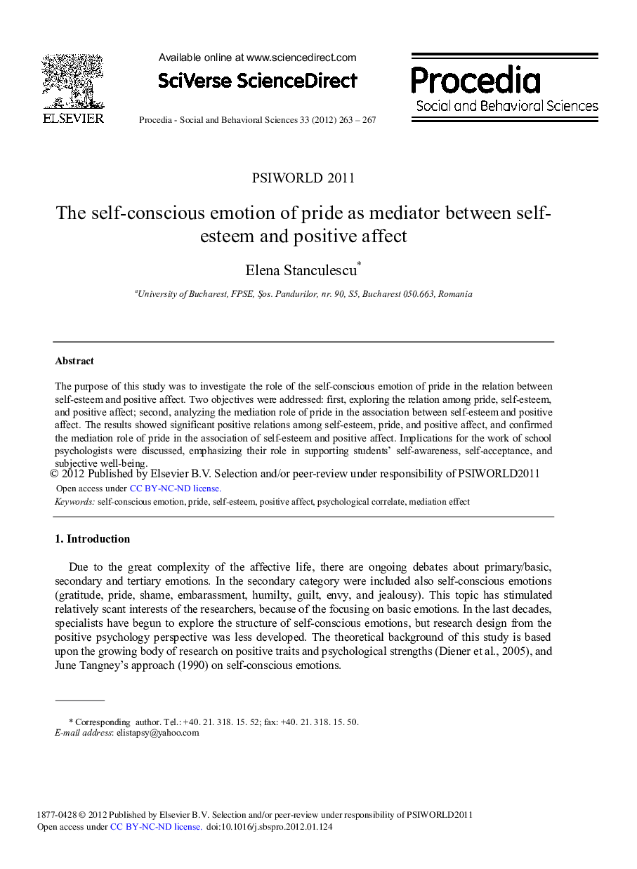 The self-conscious emotion of pride as mediator between selfesteem and positive affect