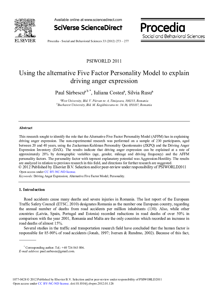 Using the alternative Five Factor Personality Model to explain driving anger expression