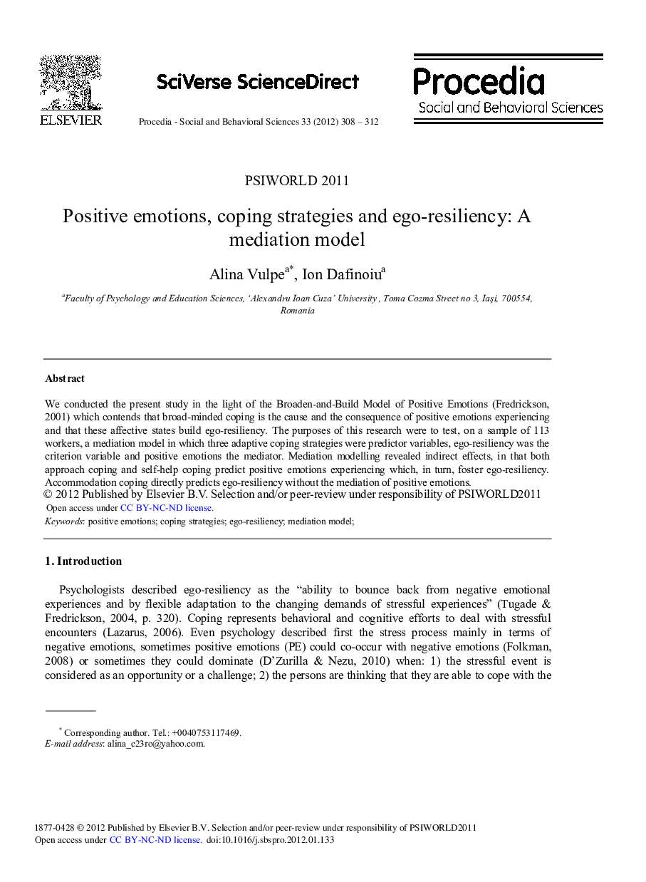 Positive emotions, coping strategies and ego-resiliency: A mediation model