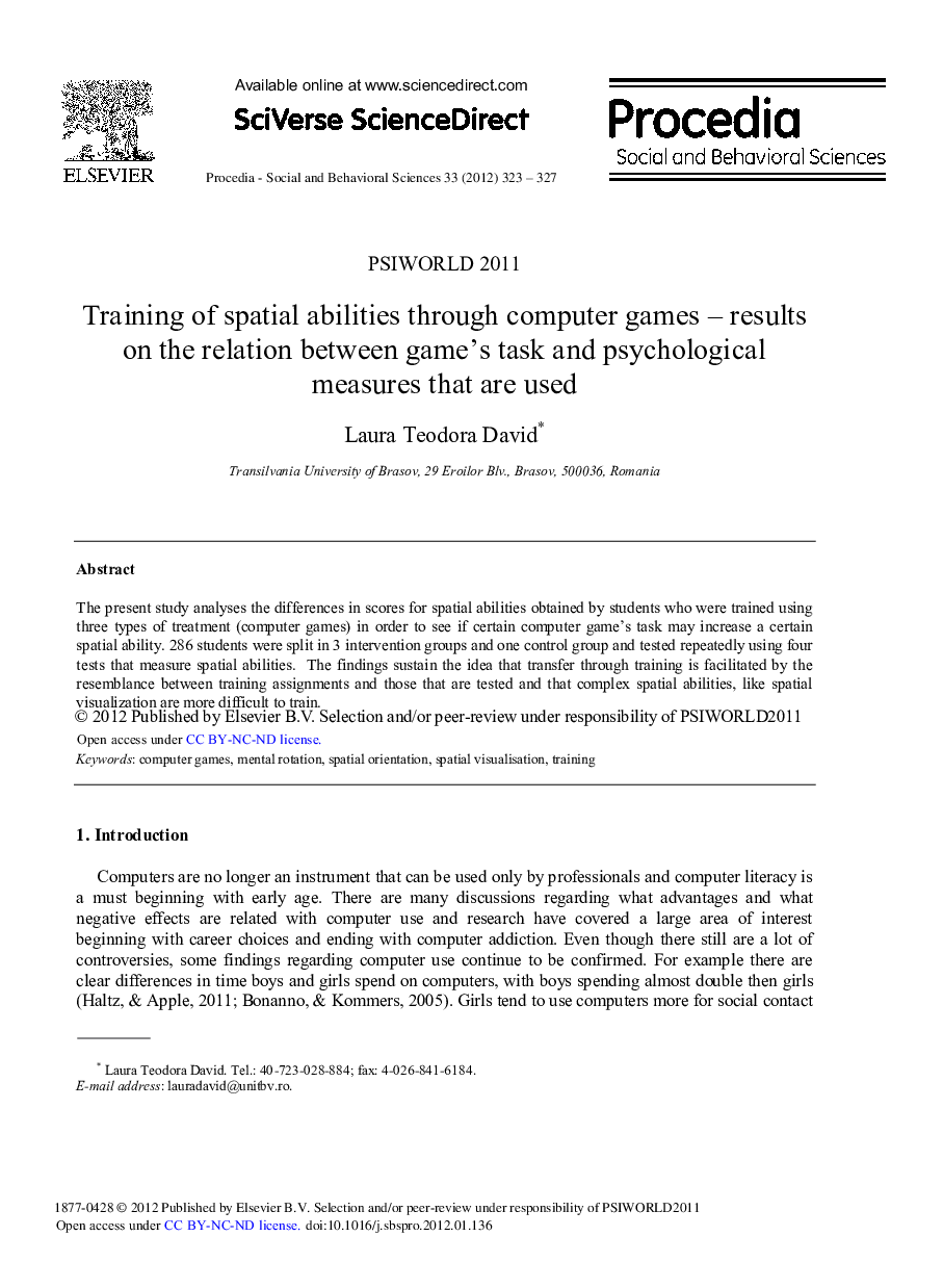 Training of spatial abilities through computer games – results on the relation between game's task and psychological measures that are used