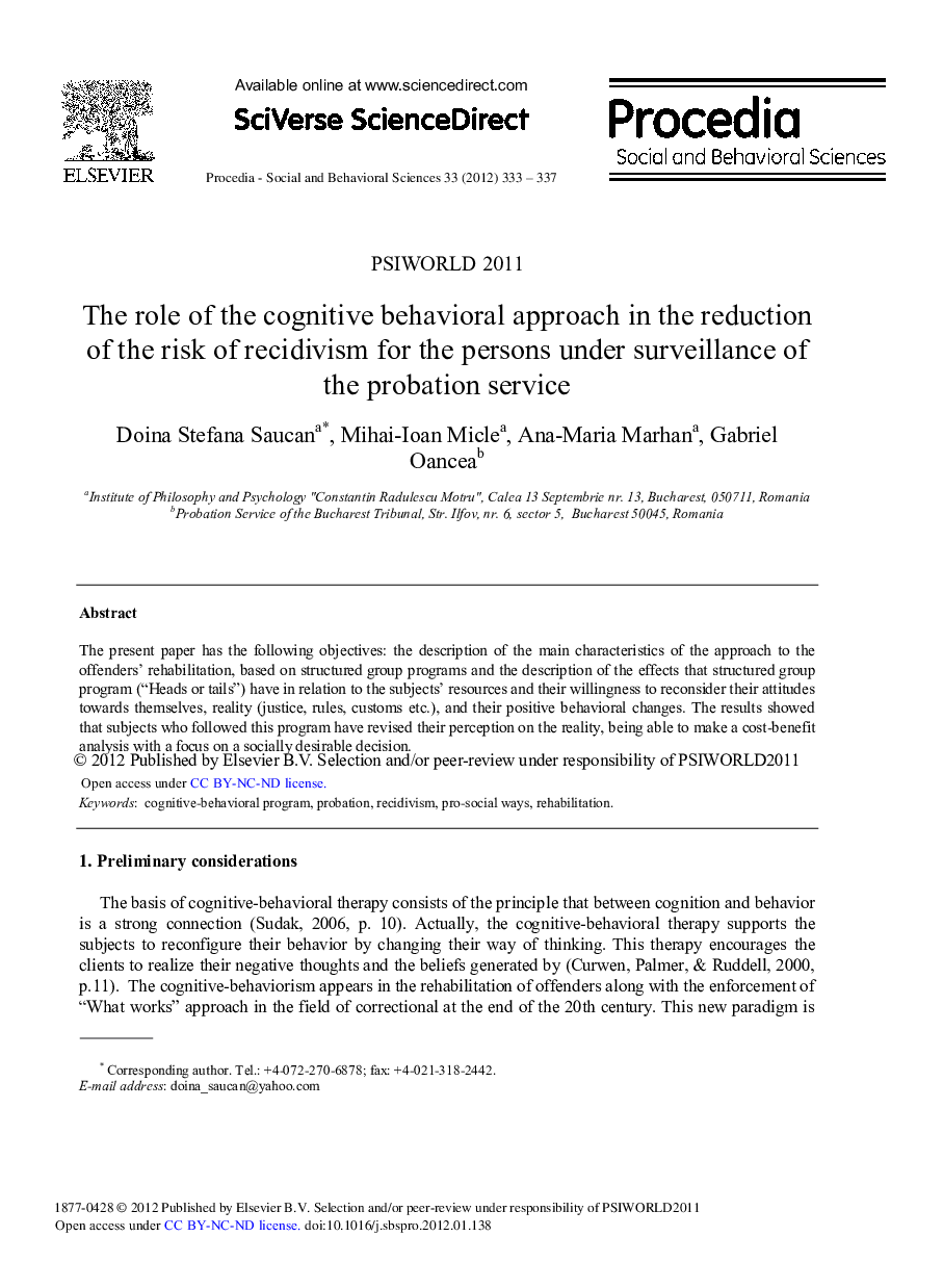 The role of the cognitive behavioral approach in the reduction of the risk of recidivism for the persons under surveillance of the probation service