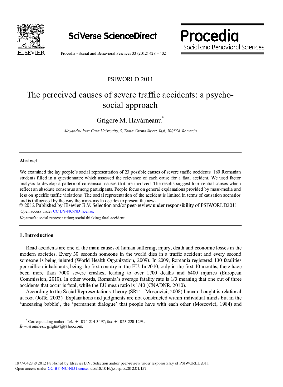 The perceived causes of severe traffic accidents: A psychosocial approach