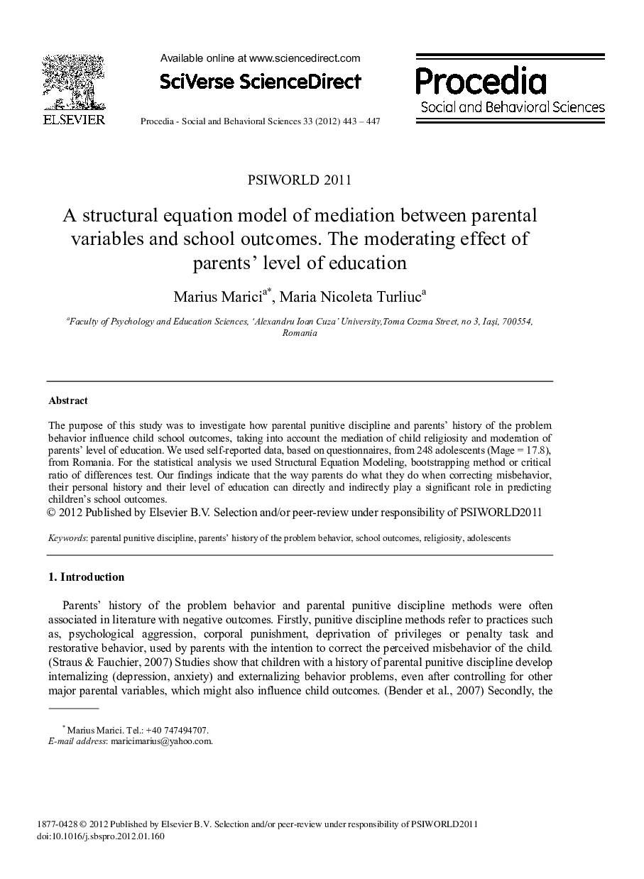 A structural equation model of mediation between parental variables and school outcomes. The moderating effect of parents' level of education