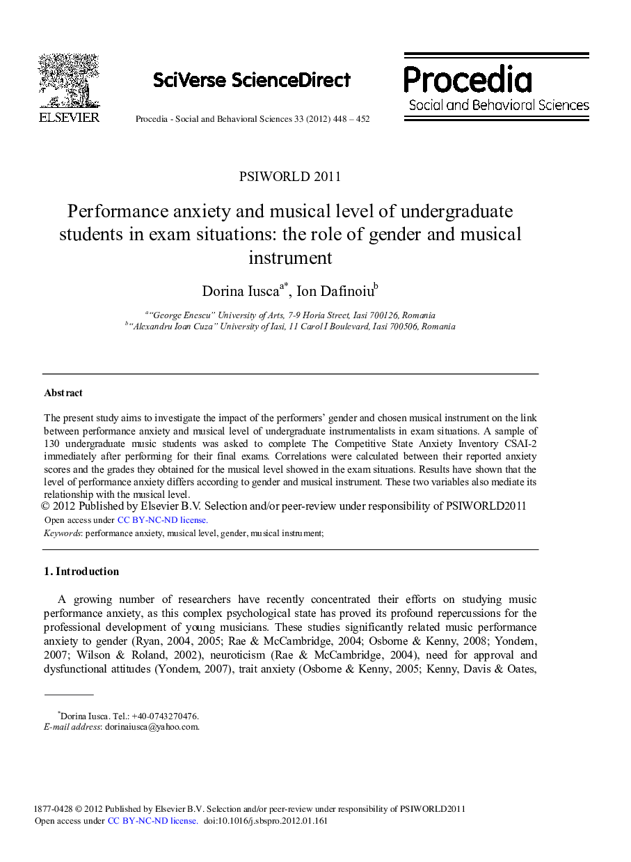 Performance anxiety and musical level of undergraduate students in exam situations: The role of gender and musical instrument