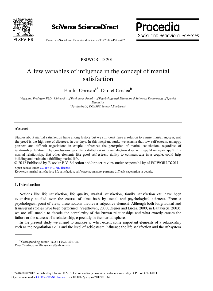 A few variables of influence in the concept of marital satisfaction