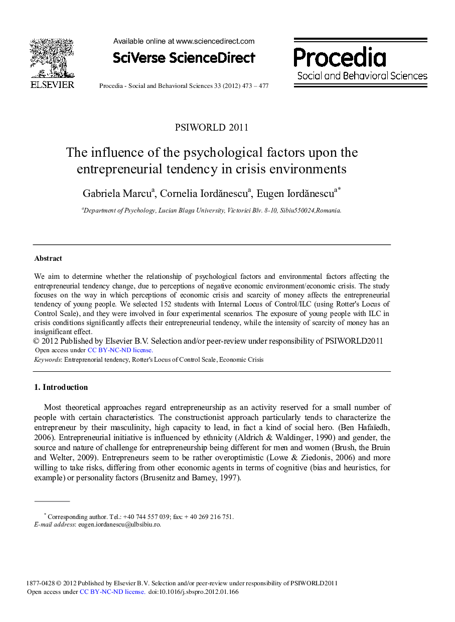 The influence of the psychological factors upon the entrepreneurial tendency in crisis environments