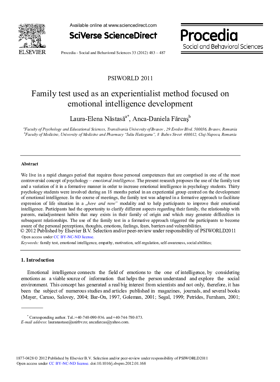 Family test used as an experientialist method focused on emotional intelligence development