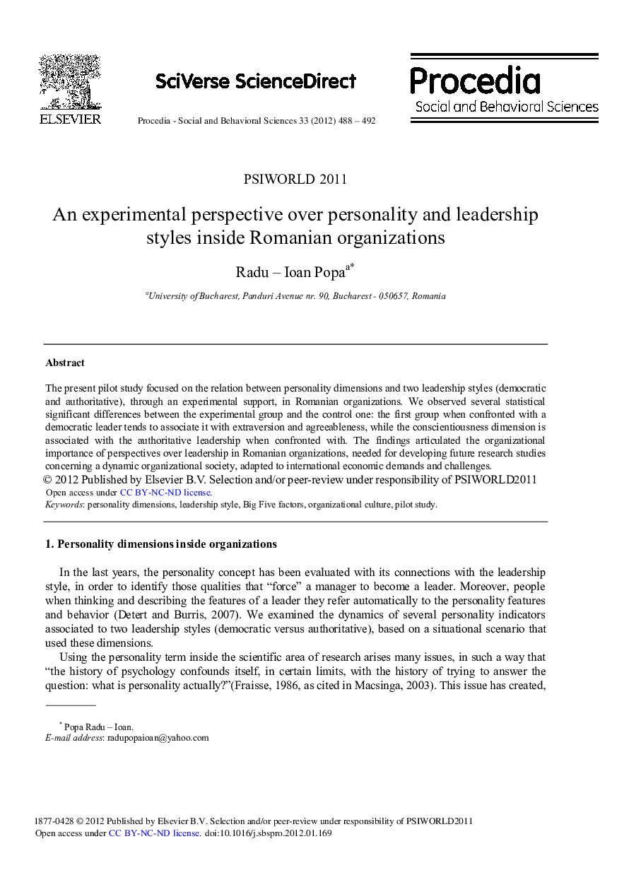 An experimental perspective over personality and leadership styles inside Romanian organizations