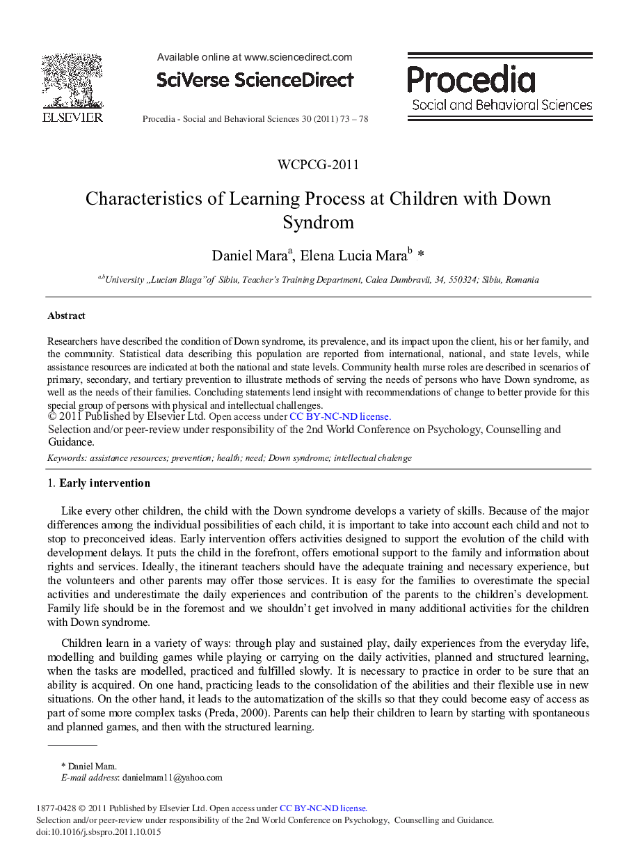 Characteristics of Learning Process at Children with Down Syndrom