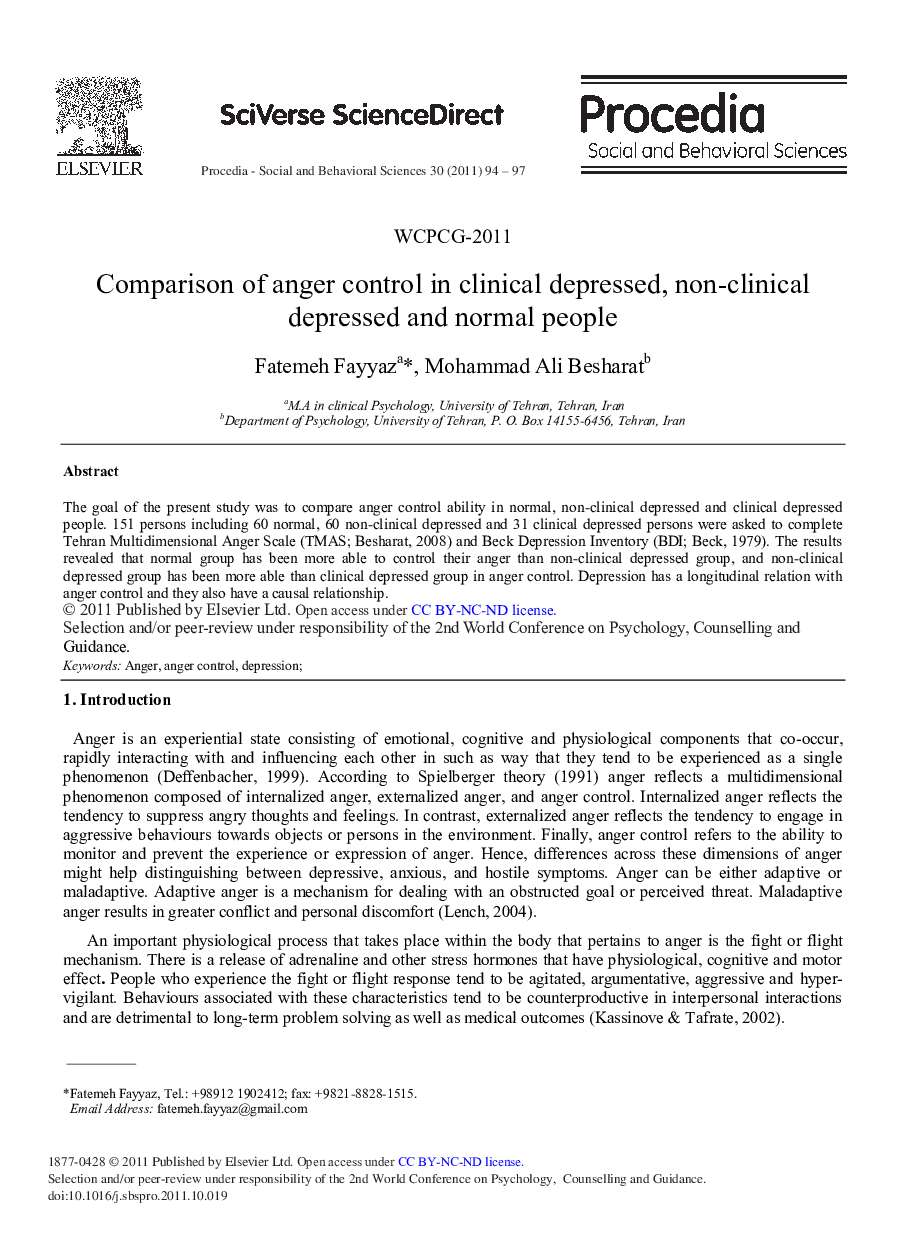 Comparison of Anger Control in Clinical Depressed, Non-Clinical Depressed and Normal People