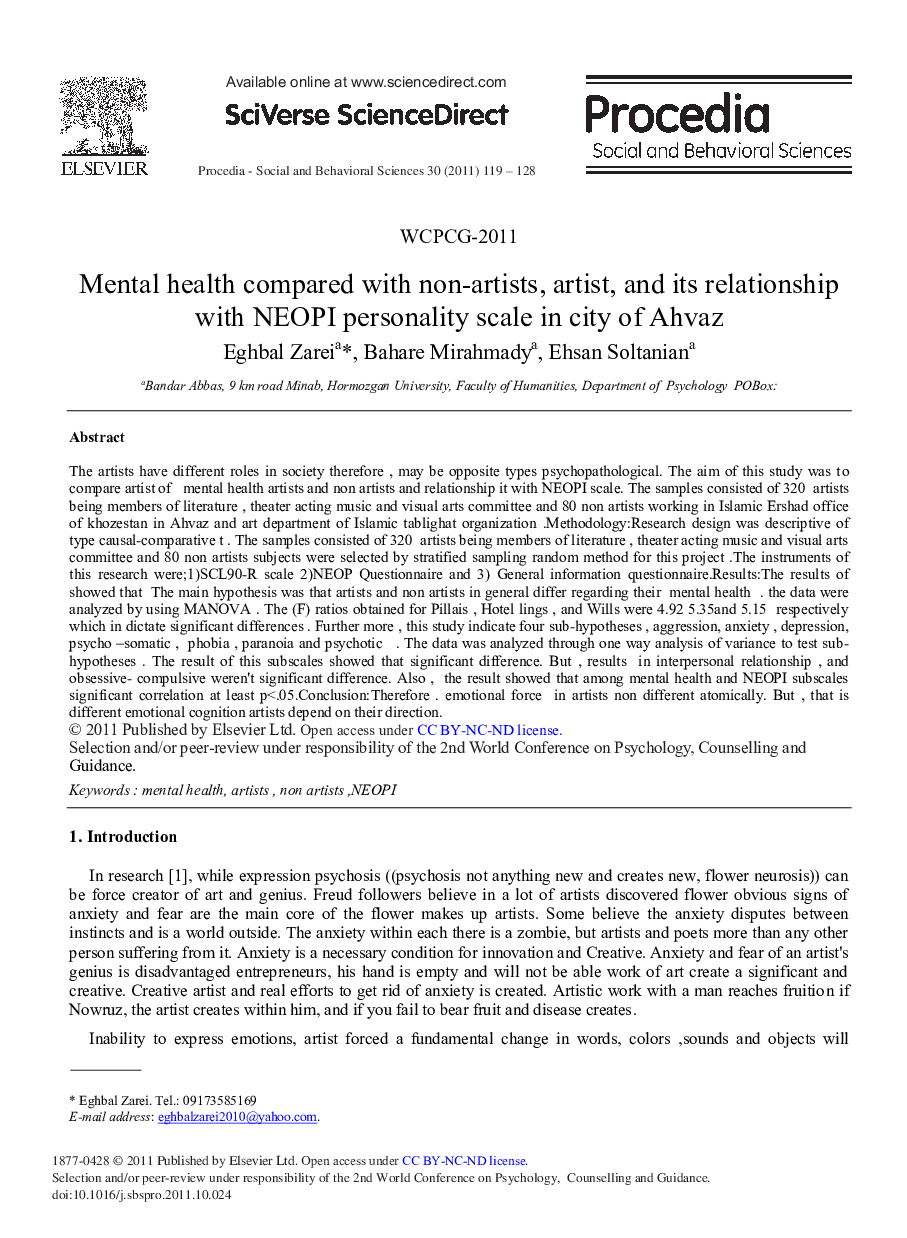 Mental Health Compared with Non-Artists, Artist, and its Relationship with NEOPI Personality Scale in City of Ahvaz