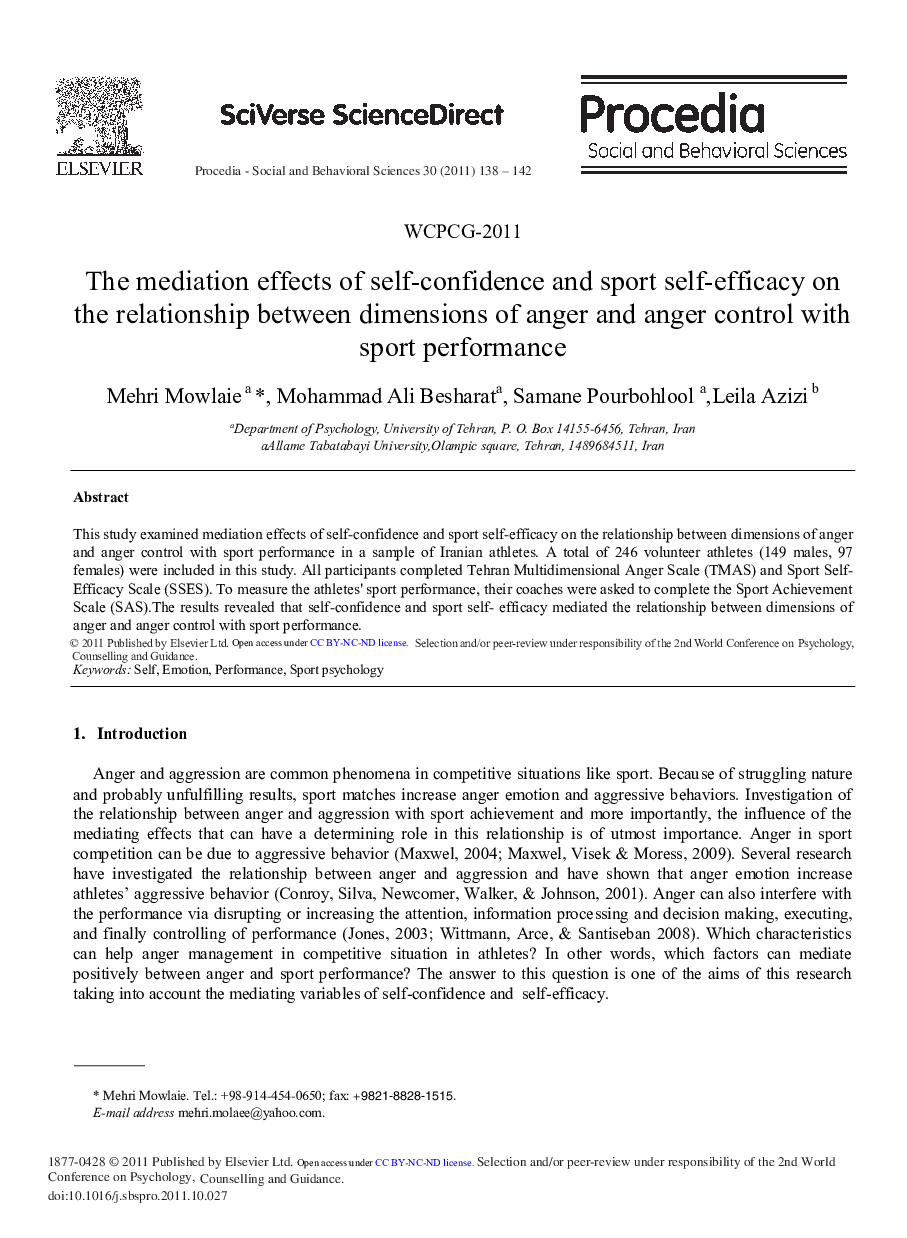 The Mediation Effects of Self-Confidence and Sport Self-Efficacy on the Relationship Between Dimensions of Anger and Anger Control with Sport Performance