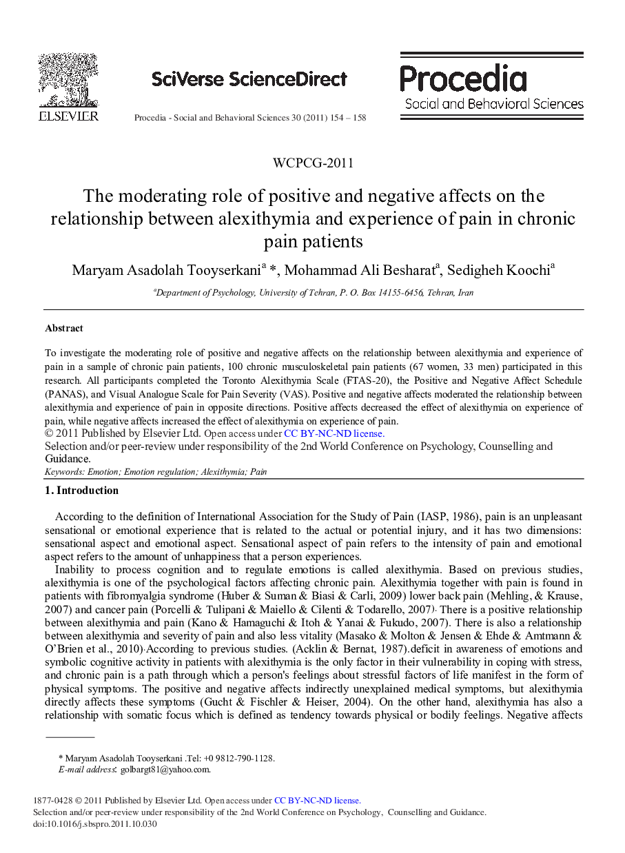 The Moderating Role of Positive and Negative Affects on the Relationship Between Alexithymia and Experience of Pain in Chronic Pain Patients