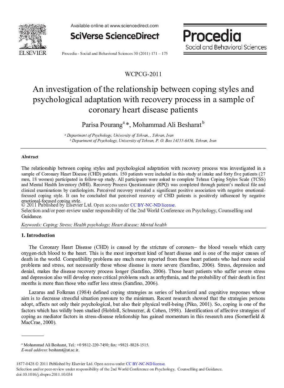 An Investigation of the Relationship Between Coping Styles and Psychological Adaptation with Recovery Process in a Sample of Coronary Heart Disease Patients