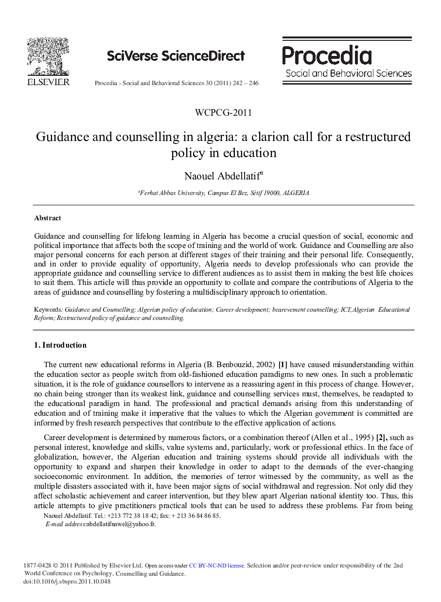 Guidance and Counselling in Algeria: A Clarion Call for a Restructured Policy in Education