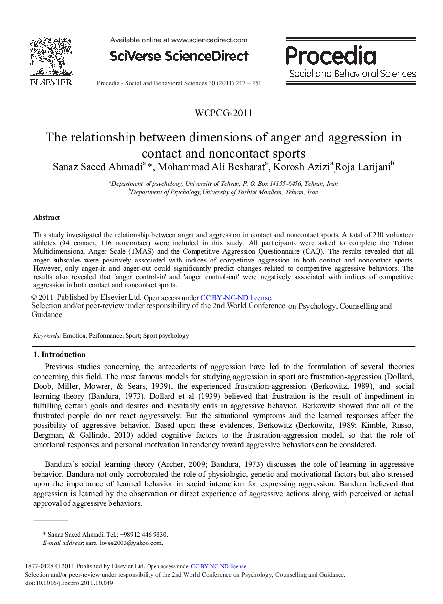 The Relationship Between Dimensions of Anger and Aggression in Contact and Noncontact Sports