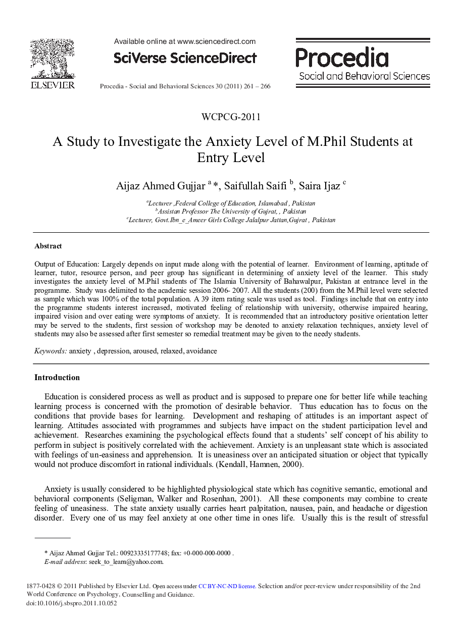 A Study to Investigate the Anxiety Level of M.Phil Students at Entry Level