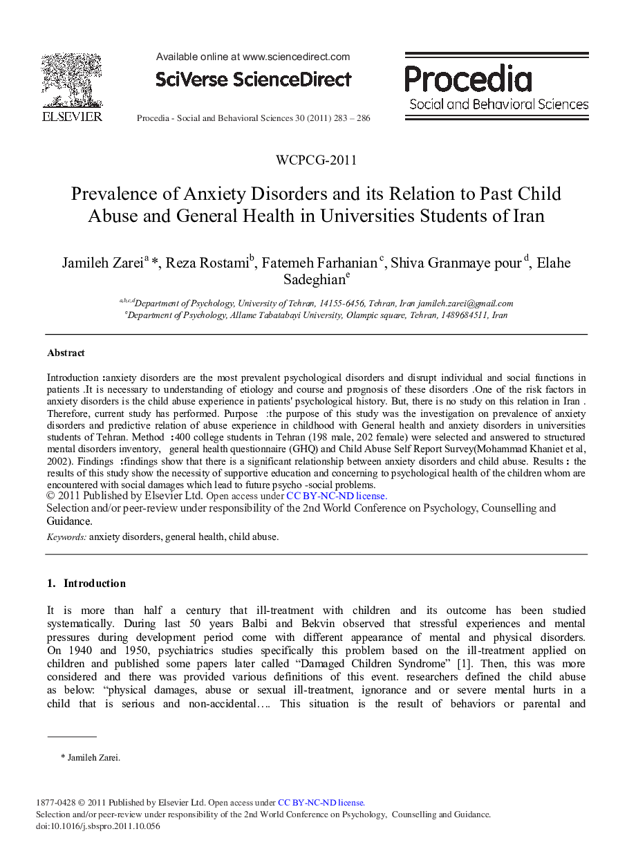 Prevalence of Anxiety Disorders and its Relation to Past Child Abuse and General Health in Universities Students of Iran