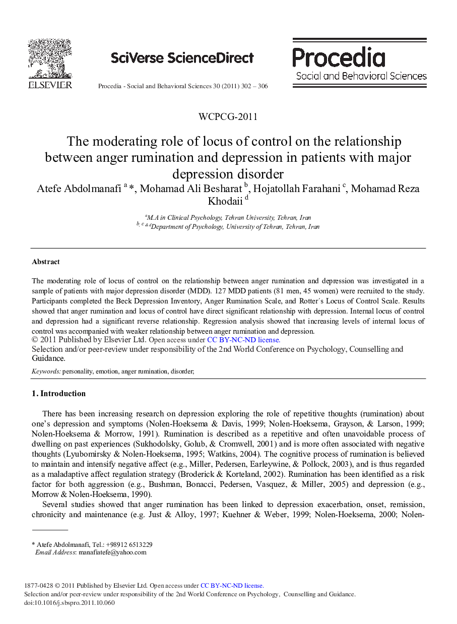 The Moderating Role of Locus of Control on the Relationship Between Anger Rumination and Depression in Patients with Major Depression Disorder