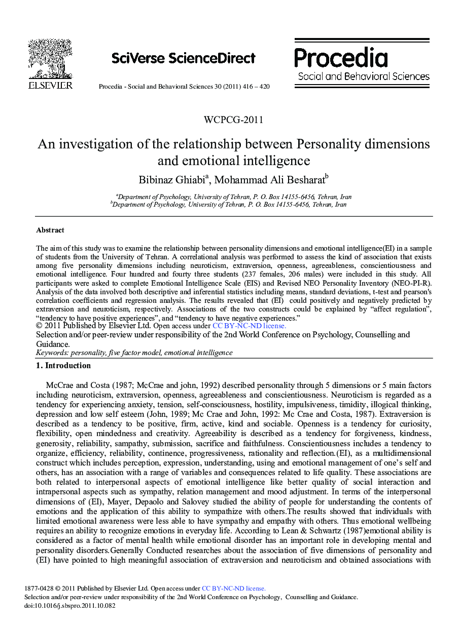 An investigation of the relationship between Personality dimensions and emotional intelligence