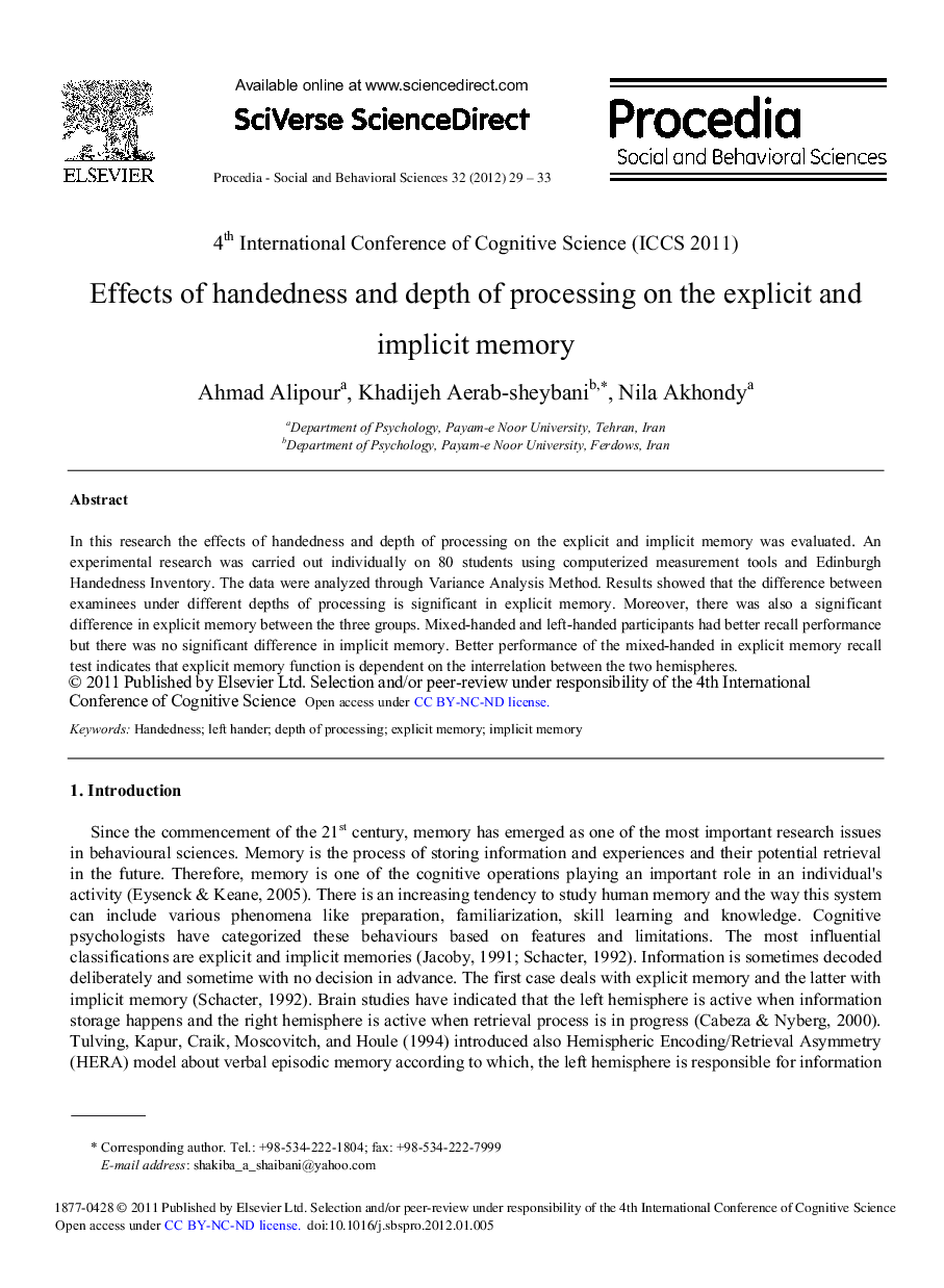 Effects of handedness and depth of processing on the explicit and implicit memory