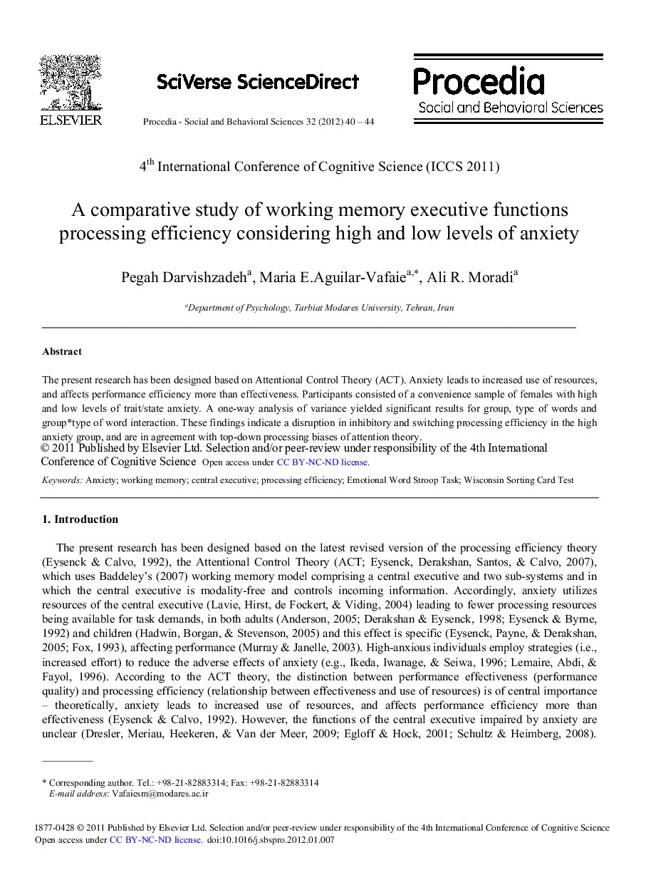 A comparative study of working memory executive functions processing efficiency considering high and low levels of anxiety